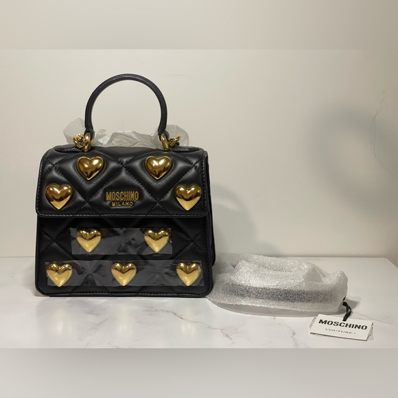NWT MOSCHINO HEART STUDS QUILTED LEATHER SHOULDER BAG BLACK - Picture 2 of 15